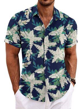 Men's  Blue-white Floral Classic Beach Linen Short Sleeve Casual Imported Shirt